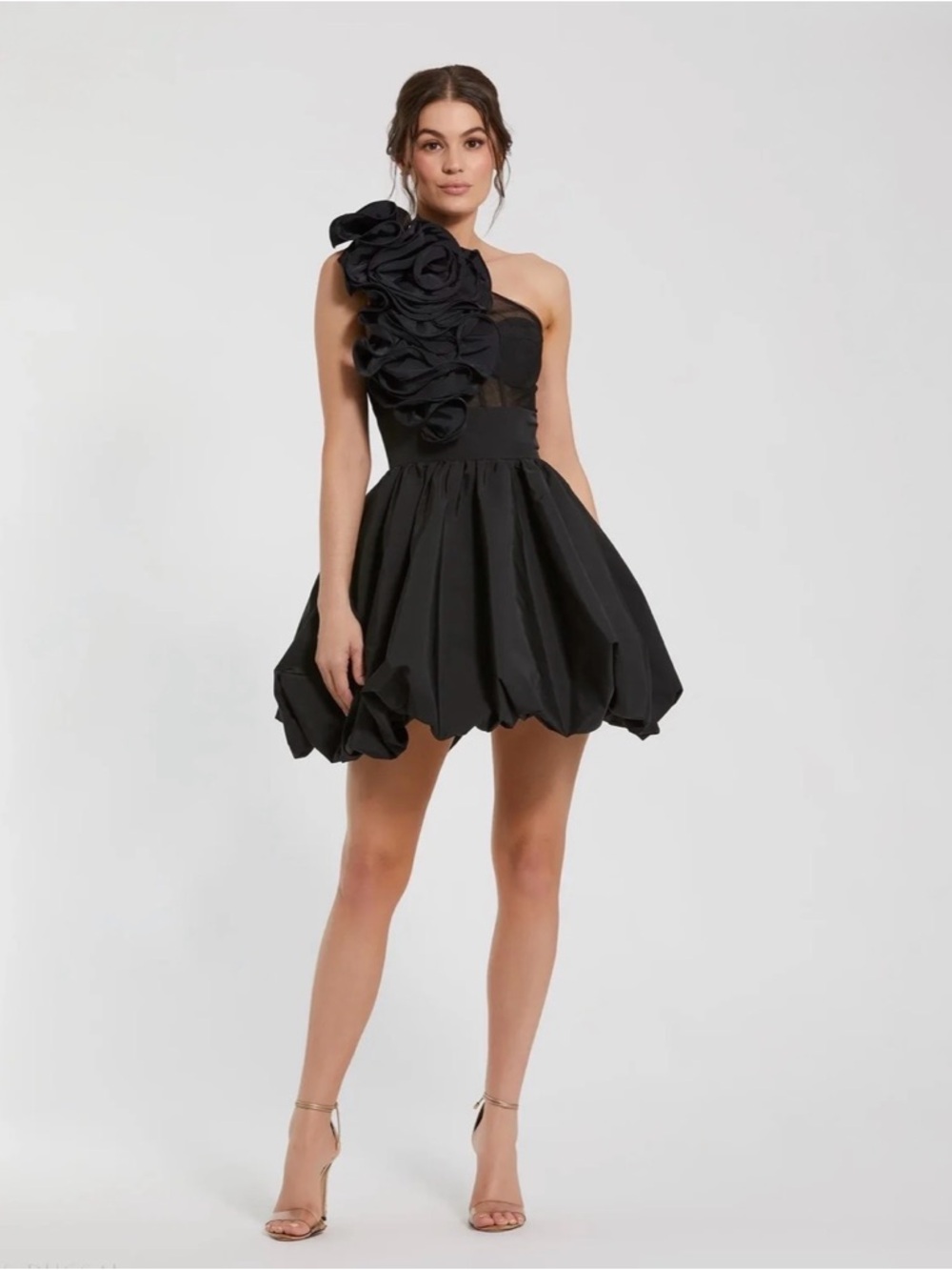 Mac Duggal Black One-Shoulder Rosette Bubble Hem Dress